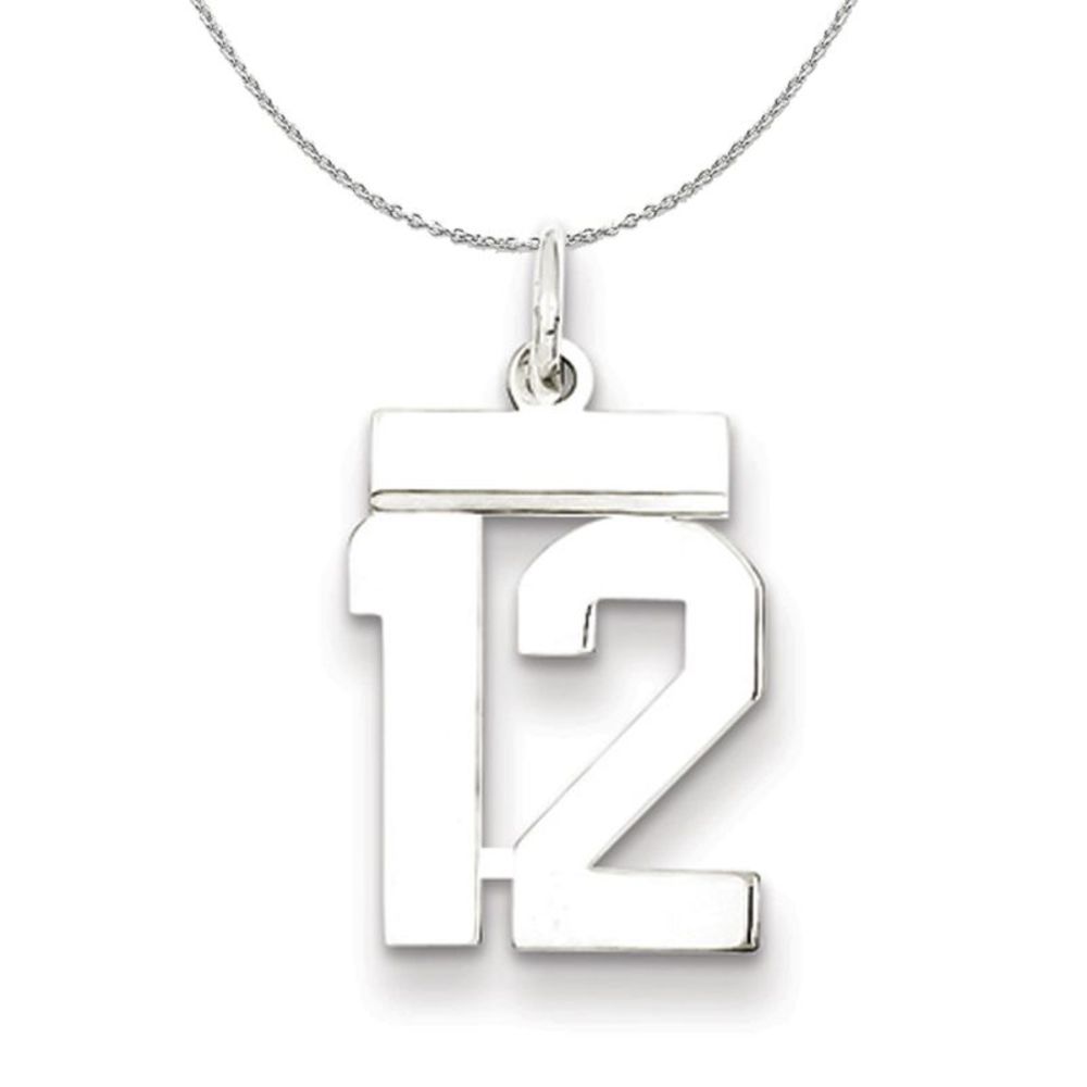 Silver, Athletic Collection Medium Polished Number 12 Necklace - 16 In